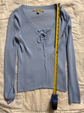 One Girl Who Powder Blue Ribbed Lace-Up V-Neck Long Sleeve Top